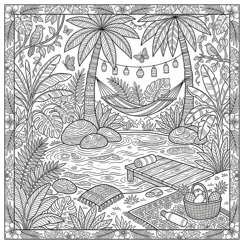 Unwind with this beautiful intricate adult coloring page, transporting you to a serene summer oasis. Featuring lush tropical plants, a peaceful pond, and a cozy picnic scene, it's perfect for a relaxing artistic escape.