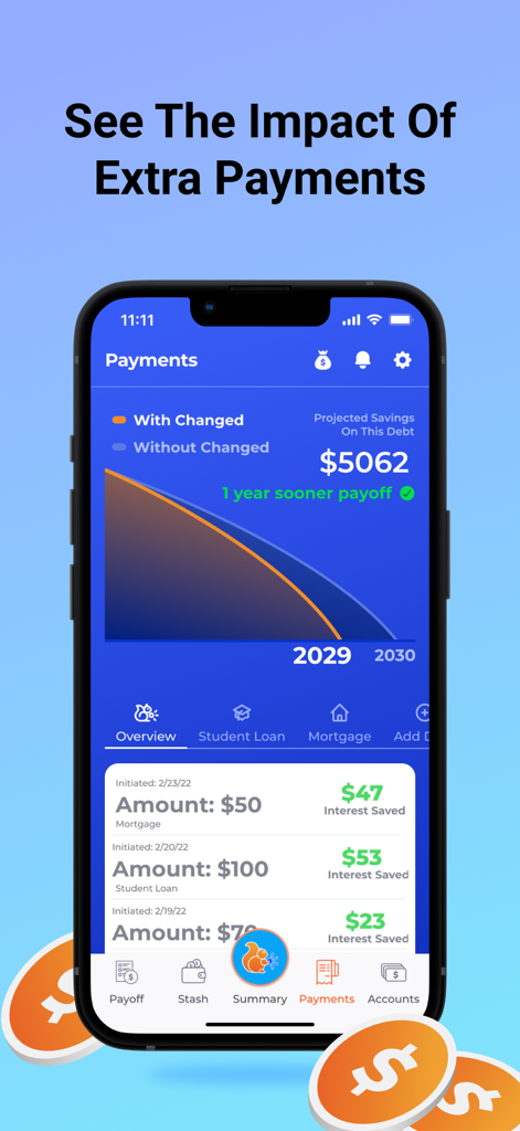 Changed: Automate Debt Payoff - A graph showing projected interest savings and early debt payoff milestones using the Changed app.