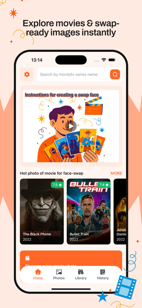 Woodfix : Movie & TV Shows - Home screen of the Woodfix app showing popular movie posters like Bullet Train and The Black Phone ready for AI face swapping.