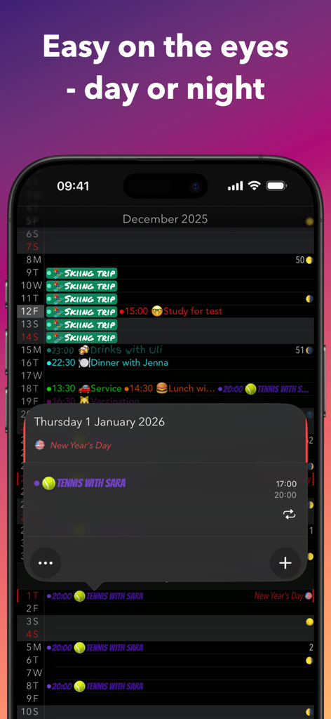 Calendar Plus App zeigt eine Zeitleiste im Dunkelmodus mit personalisierten farbkodierten Ereignissen und Mondphasen