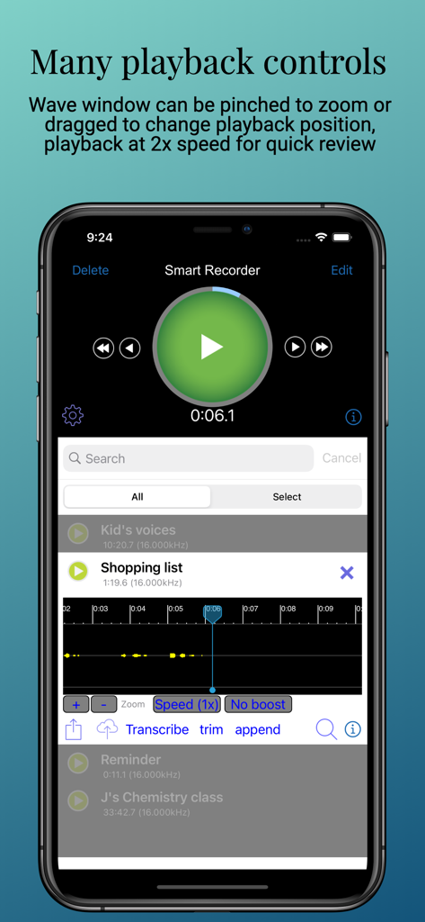 Smart Recorder and transcriber - Smart Recorder app interface showing playback controls and audio waveform for editing.
