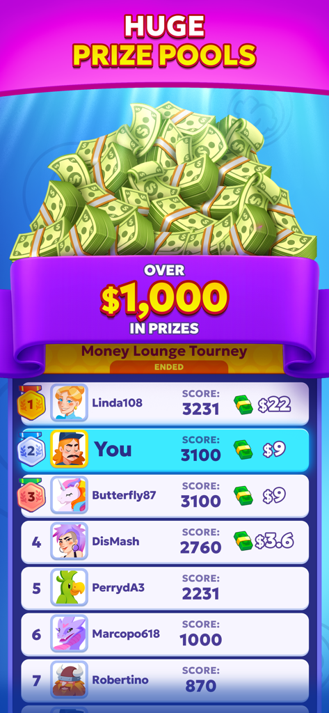 Bingo Billions leaderboard showing player rankings and real cash prizes from the Money Lounge Tourney.