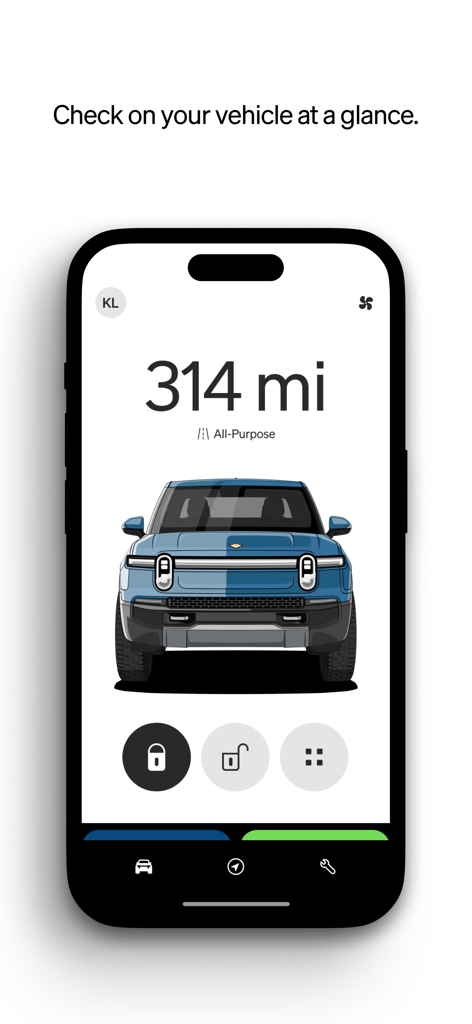 Cruscotto dell'app mobile Rivian che mostra un veicolo elettrico blu con l'autonomia attuale e lo stato di blocco