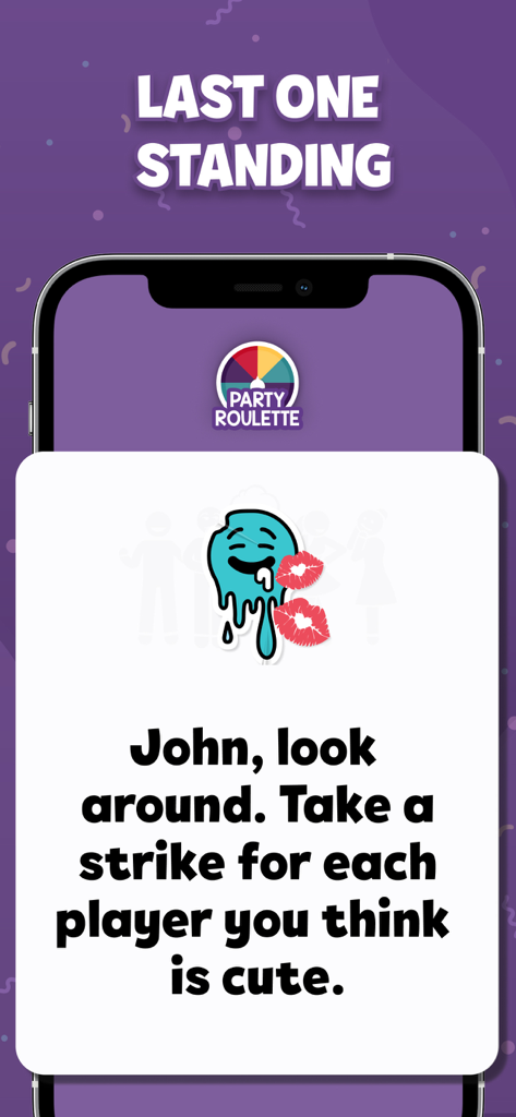 Screenshot of Party Roulette app showing a social game prompt for a player named John to identify cute people in the room.