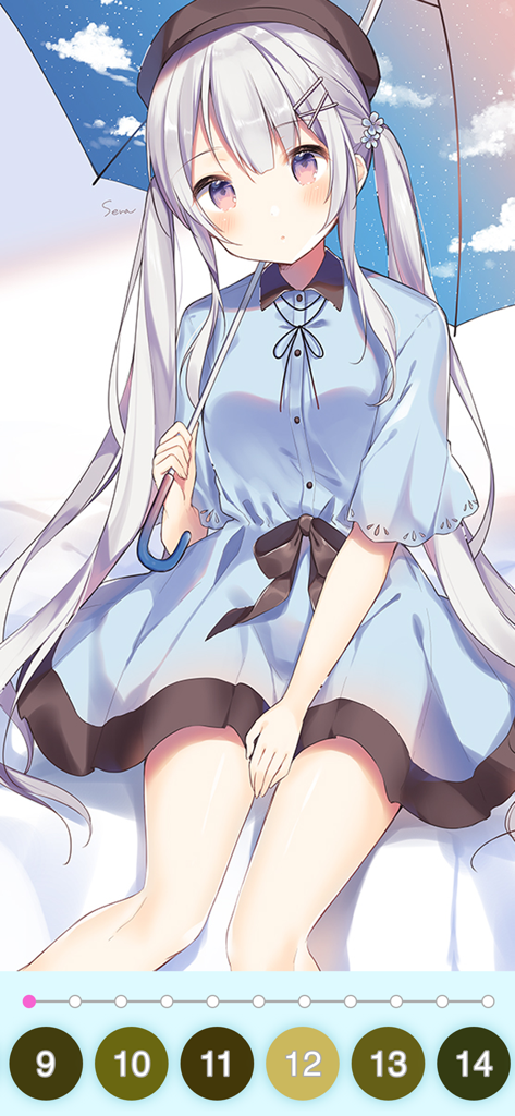 Anime Color - Paint by Number - Una página para colorear digital de una linda chica anime con cabello plateado y un paraguas azul en la interfaz de la aplicación Anime Color