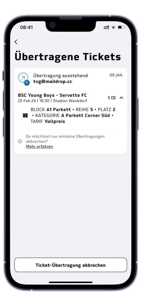 BSC YB Ticket-App - Screenshot of the BSC YB Ticket-App showing a pending ticket transfer for a soccer match