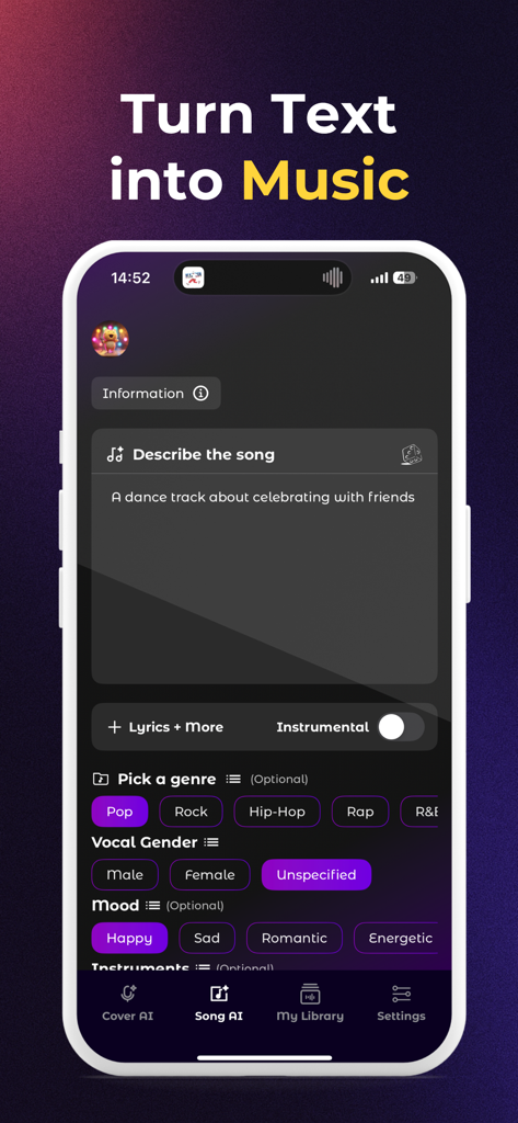 Sing AI: Cover Songs & Music - Sing AI app interface showing how to turn text prompts into original music with genre and mood customization
