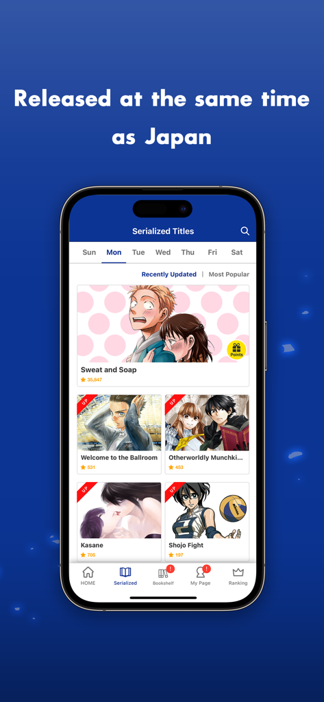 K MANGA app interface showing serialized manga titles and simultaneous release with Japan