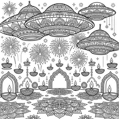 Prepare for an out-of-this-world coloring adventure where the mystery of Phoenix Lights UFOs meets the vibrant joy of Diwali. This unique design invites you to bring a spectacular cosmic festival to life with your favorite colors.