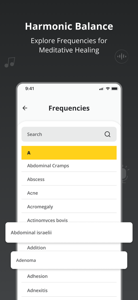 RIFE Frequency Amplifier - RIFE周波数アンプモバイルインターフェースには、さまざまな健康状態に対応するヒーリング周波数の検索可能なリストが表示されています。