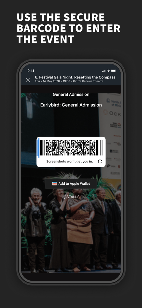 Auckland Writers Festival - Digital ticket interface with a secure barcode for event entry at the Auckland Writers Festival