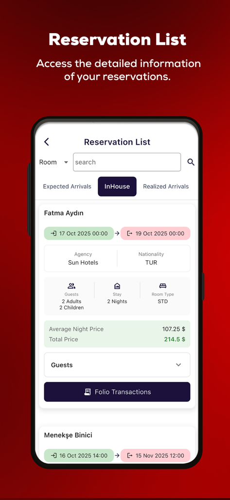 Hotel reservation list view on the Elektra Manager mobile app showing guest booking details.