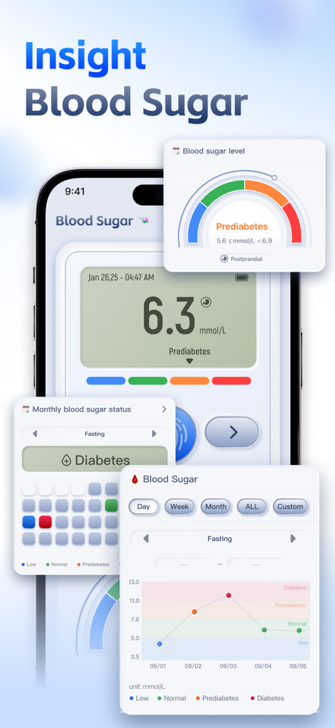 Interfaz de la aplicación que muestra herramientas de seguimiento de glucosa, incluyendo un gráfico de tendencias de glucosa e indicadores de estado