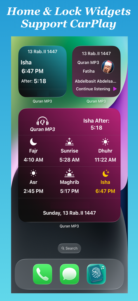 Quran MP3 app home screen widgets showing prayer times and audio player with CarPlay support.
