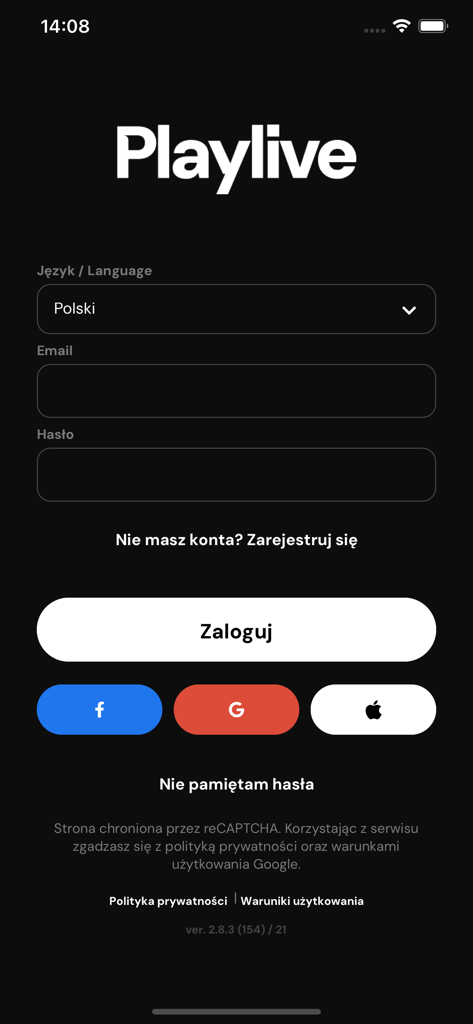 Playlive - PPV - Playlive PPV app login page with email and password fields and social login options