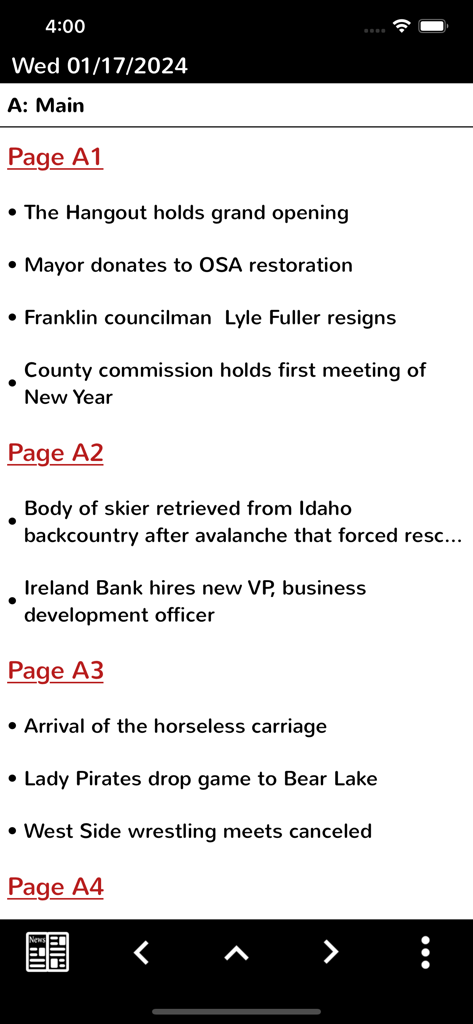 Table of contents showing local news headlines organized by page number for the Preston Citizen eEdition