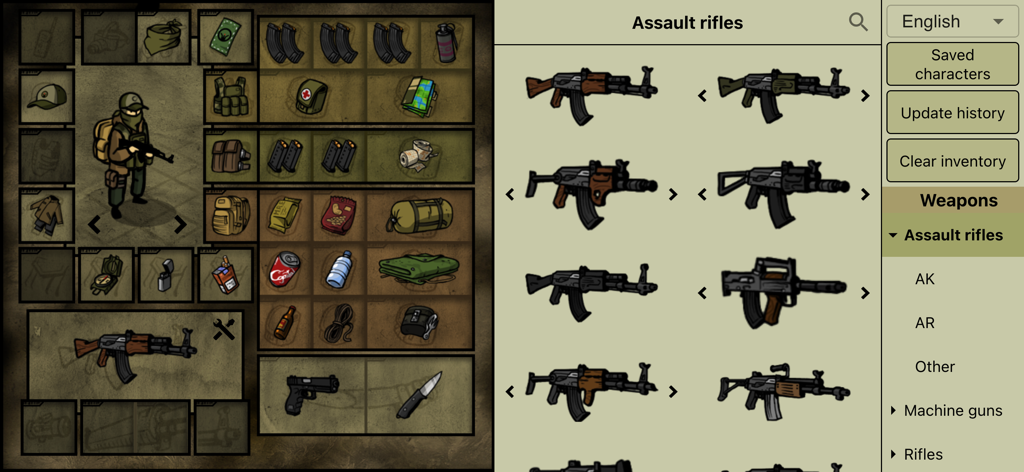 Innawoods - Interface of Innawoods showing a tactical character loadout and assault rifle selection menu