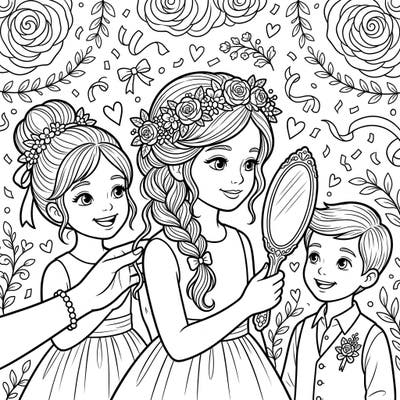 Celebrate love and beauty with this adorable Kids' Haircare Wedding coloring page, capturing the excitement of children getting ready for a special day. Little hands can bring to life the intricate hairstyles, elegant dresses, and festive decorations, making it perfect for creative fun.