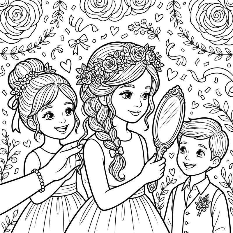 Celebrate love and beauty with this adorable Kids' Haircare Wedding coloring page, capturing the excitement of children getting ready for a special day. Little hands can bring to life the intricate hairstyles, elegant dresses, and festive decorations, making it perfect for creative fun.