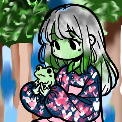 girl with long hair and a oversized shirt. and she is holding a frog