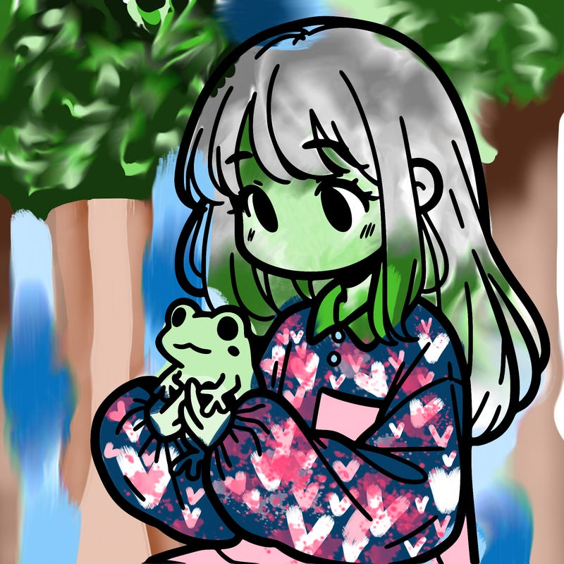 girl with long hair and a oversized shirt. and she is holding a frog
