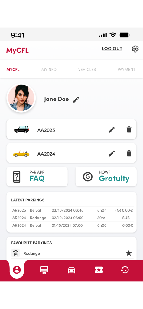Captura de pantalla de la página de perfil MyCFL en la aplicación P+R CFL que muestra los vehículos registrados y el historial de estacionamiento reciente.