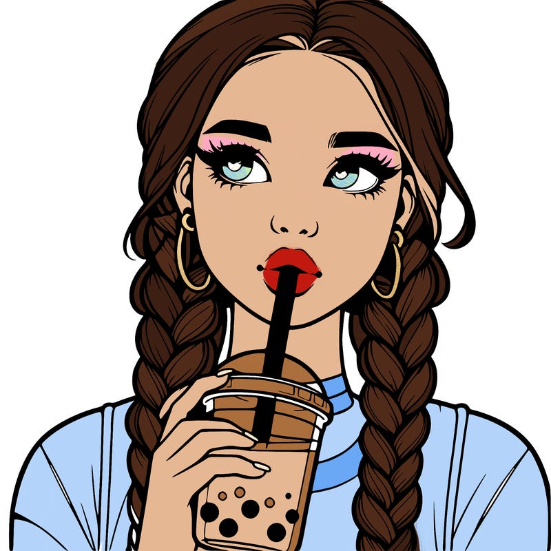 realistic girl with braided hair drinking boba