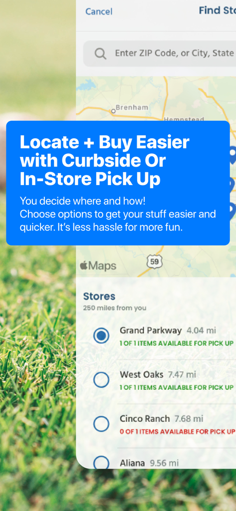 Academy Sports app showing store locator and curbside pickup options