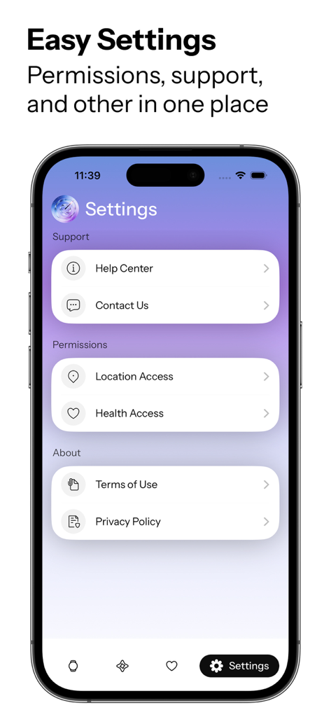 Zonex: Faces Gallery - Menú de configuración de la aplicación Zonex que muestra secciones de soporte, permisos y acerca de.