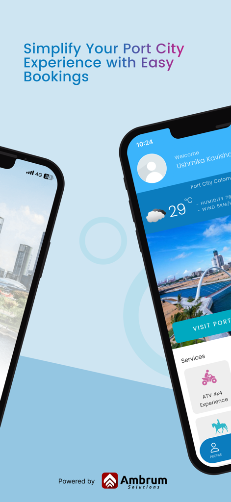 Interfaz de la aplicación móvil Port City Colombo que muestra actualizaciones del clima y reservas de actividades como experiencias en ATV
