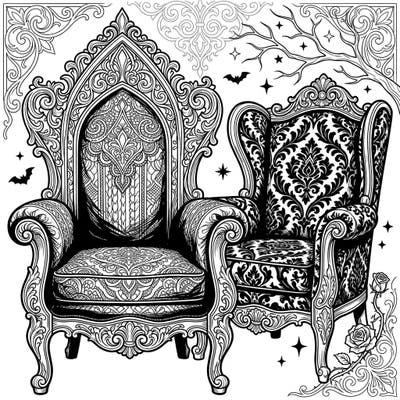 Step into a realm of dark romance and intricate beauty with this stunning Gothic accent chairs coloring page. Unleash your creativity on ornate patterns and elegant details, perfect for a captivating coloring experience.