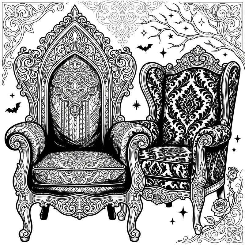 Step into a realm of dark romance and intricate beauty with this stunning Gothic accent chairs coloring page. Unleash your creativity on ornate patterns and elegant details, perfect for a captivating coloring experience.