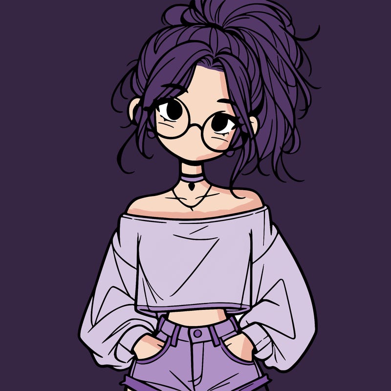 girl with a messy ponytail glasses a baggy crop top and jean shorts