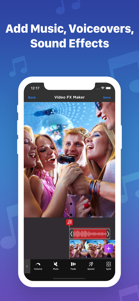Interfaz de la aplicación móvil para agregar música y efectos de sonido a clips de video en Video FX