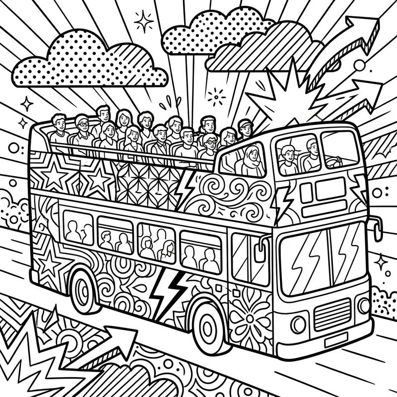 Get ready for a vibrant journey with this unique Pop Art open-top bus coloring page. It's packed with bold lines, exciting patterns, and happy passengers, promising hours of creative fun for all ages.