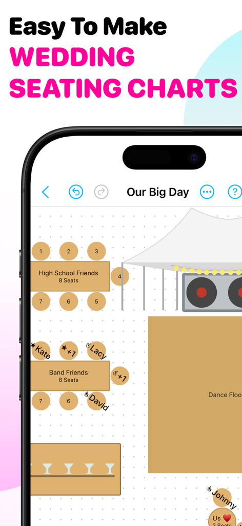 Wedding Seating Chart Planner - Mobile app interface of a wedding seating chart planner showing a floor plan with table arrangements and guest lists.