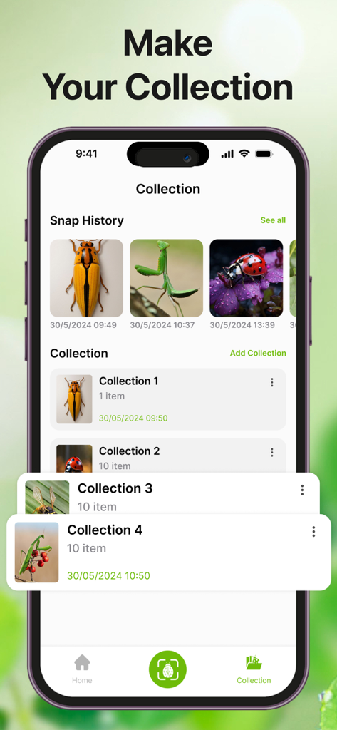 A mobile app interface displaying a collection of identified insects including a praying mantis and a ladybug