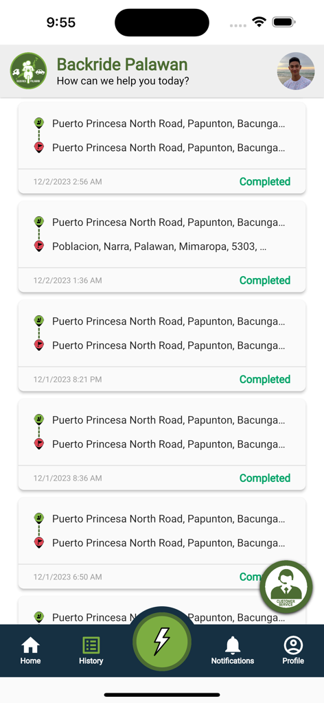 Pantalla del historial de viajes de la aplicación Backride Pinas que muestra una lista de viajes completados en Palawan.