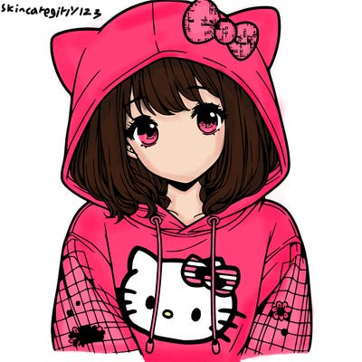 a girl wearing a hello kitty sweater with hood also realistic