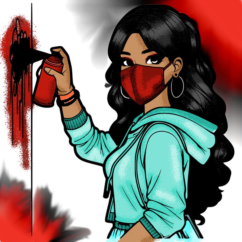 realistic girl with mask spray painting a wall