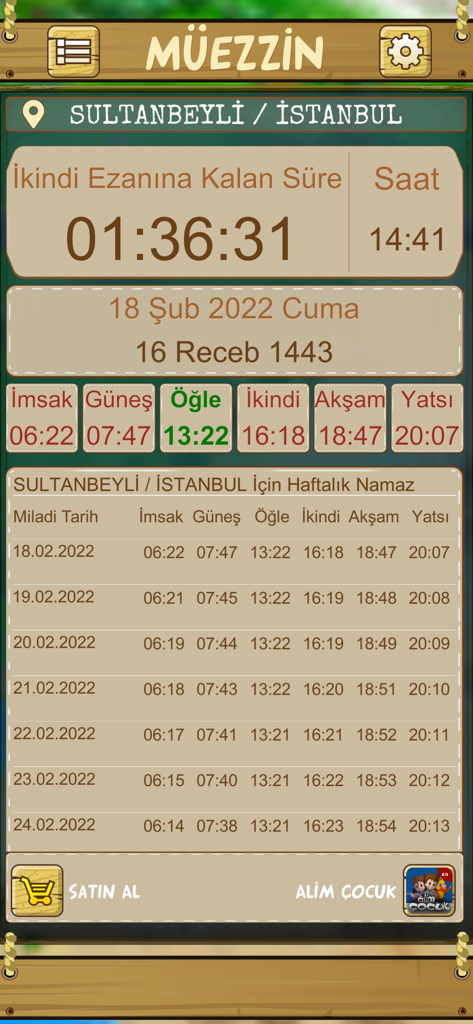 Muezzin Prayer Time Azan - Muezzin app interface displaying daily prayer countdown and a weekly prayer time table in Turkish