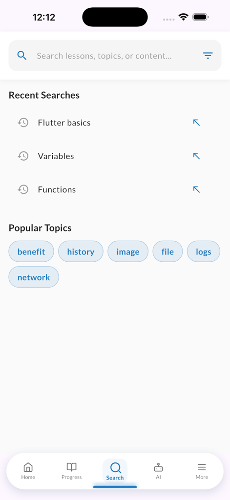 Interfaccia di ricerca dell'app Learn Docker con ricerche recenti e argomenti DevOps popolari come immagini e rete.