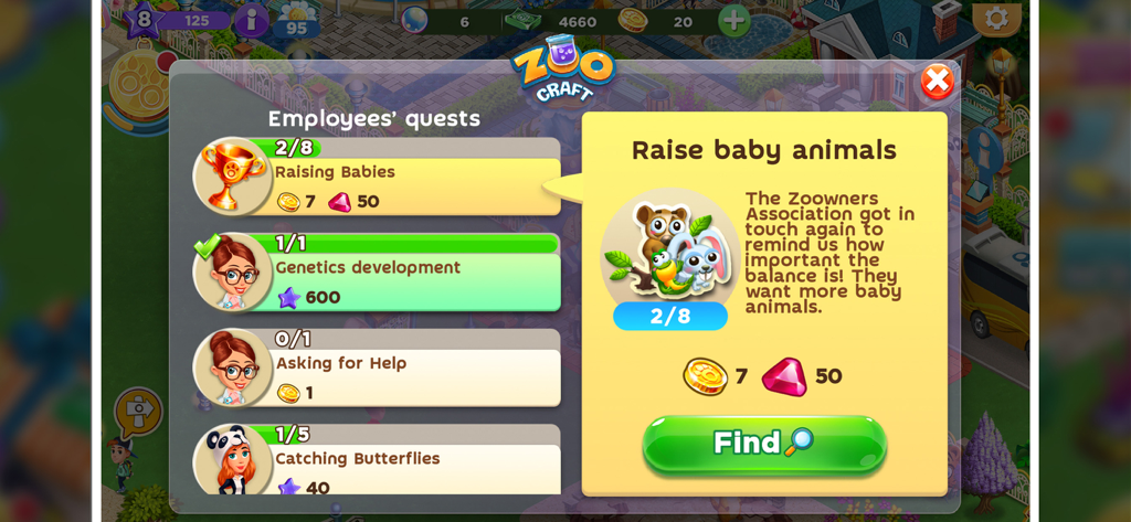 In-game menu of Zoo Craft showing employee quests and the details of a mission to raise baby animals