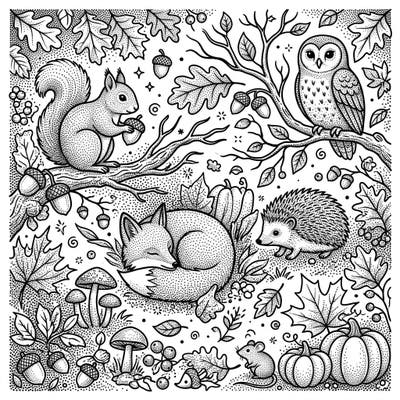 Immerse yourself in the beauty of autumn with this captivating dot work coloring page. Discover a cozy woodland scene filled with charming animals and classic fall elements, all rendered in an intricate stippling style.