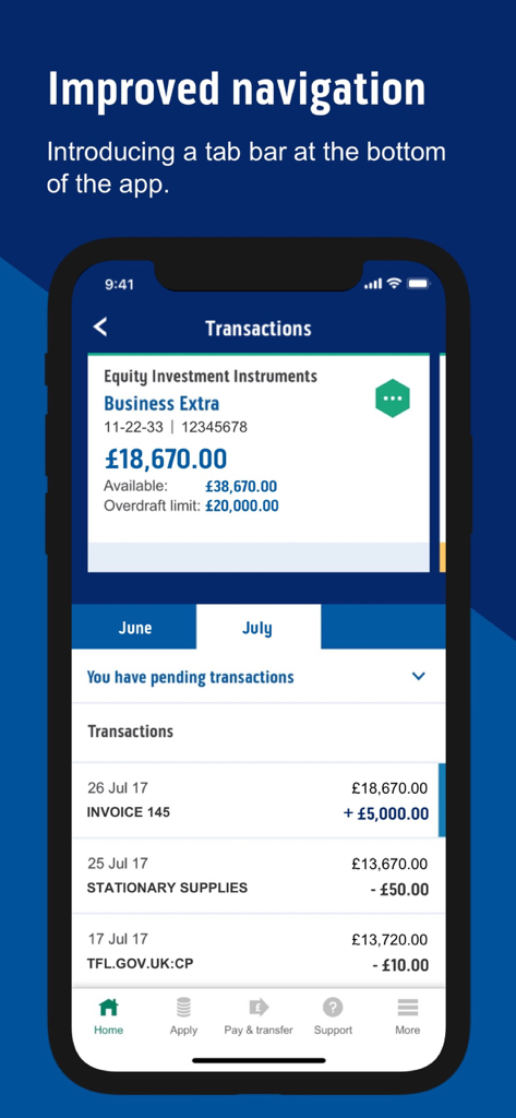 Interface do aplicativo móvel Bank of Scotland Business mostrando histórico de transações e nova barra de navegação inferior