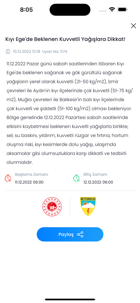 A detailed meteorological warning screen from the Hava Durumu Meteoroloji app displaying severe weather alerts for Turkey.