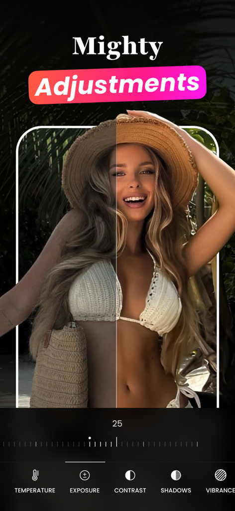 Pantalla de la aplicación Astify que muestra una comparación de antes y después de una foto usando herramientas de ajuste manual como exposición y contraste