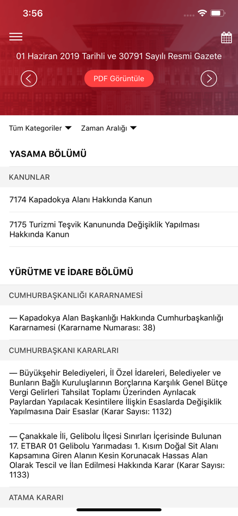 T.C. Resmi Gazete - Mobile interface of the T.C. Resmi Gazete app displaying legislative and executive law categories