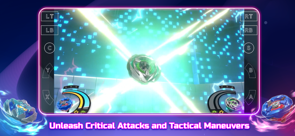 Crunchyroll: Beyblade X Xone - In-game screenshot of a Beyblade performing a critical attack in a stadium with special effects.