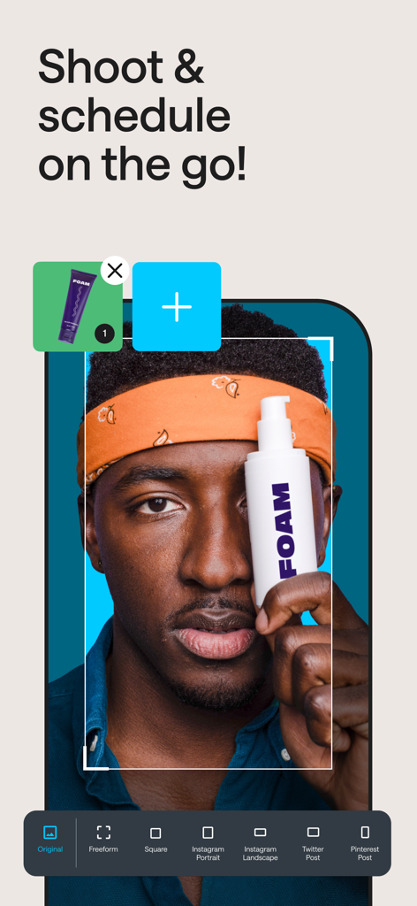 Mobile App-Oberfläche von Later, die Optionen zum Zuschneiden und Bearbeiten von Social-Media-Fotos zeigt